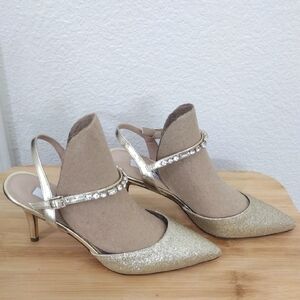 Nina Gold Ankle-Strap Heels with Rhinestone Embellishments. New, No Tag